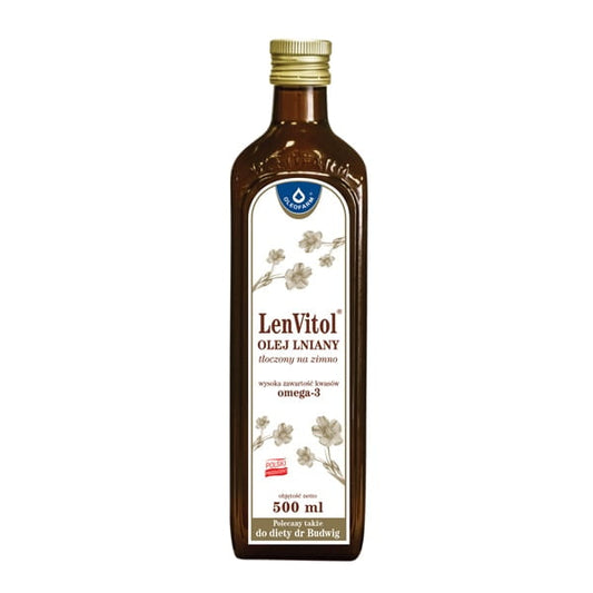Kaltgepresstes Leinöl von OLEOFARM in 500ml Flasche, flüssiges Leinöl mit goldener Farbe und dunklem Flaschenverschluss
