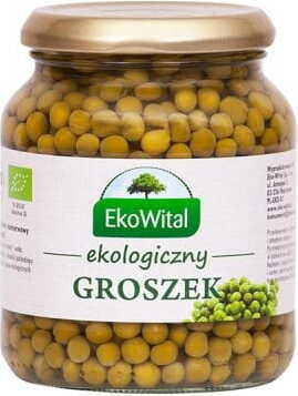 Grüne Bio-Erbsen in Salzlake von EKOWITAL, 350 g, in einer transparenten Dose sichtbar