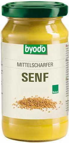 Mittelwürziger glutenfreier Bio-Senf von BYODO in 200 ml Flasche, cremige Textur, ideal für Würze und Geschmack.
