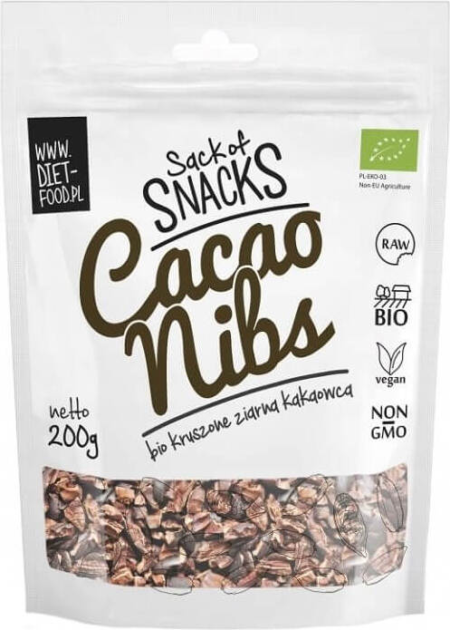 Geröstete, zerstoßene Kakaobohnen von DIET FOOD, glutenfrei und biologisch, 200 g, ideal für gesunde Ernährung
