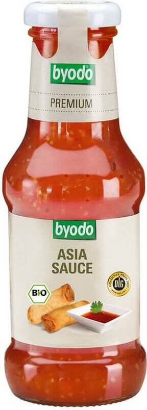Asiatische glutenfreie Bio-Sauce von BYODO in 250 ml Flasche, zeigt die Flasche mit asiatischem Etikett und Inhalt.