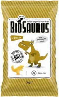 Maischips Dinosaurier Käsegeschmack von CIBI, glutenfrei und biologisch, in 4x15 g Packungen, mit Dinosaurier-Design.