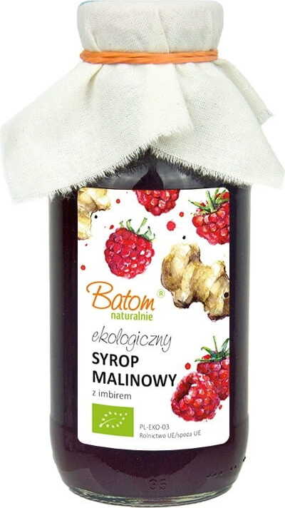 Bio Himbeersirup mit Ingwer von BATOM in 330 ml Flasche, Nahaufnahme des Sirups mit frischen Himbeeren und Ingwer im Bild