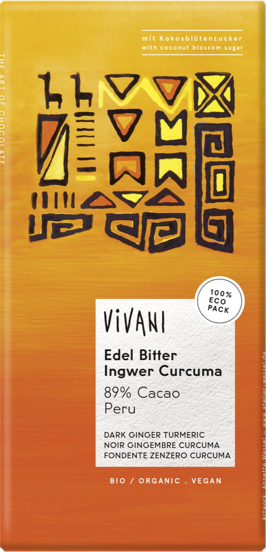Dunkle Schokolade mit Ingwer und Kurkuma, VIVANI Peru 89% Bio, 80 g, zeigt die Schokoladentafel mit Ingwerstücken und Kurkumastücken.