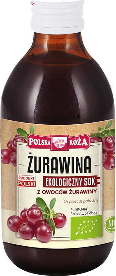 Bio-Cranberrysaft von Polska Róża in 250 ml Flasche, frisch und naturbelassen, zeigt die dunkelrote Flüssigkeit in der Flasche