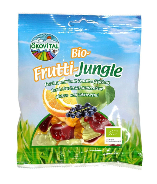 Laktosefreie und glutenfreie Fruchtgelees von OKOVITAL, 100 g, mit bunten Fruchtstücken in transparentem Glas.