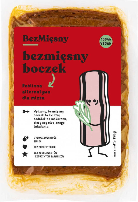 Veganer Speck aus dem FLEISCHLOSES FLEISCH von BEZMIĘSNY MIĘSNY, 150 g, mit sichtbaren Scheiben und rauchiger Textur