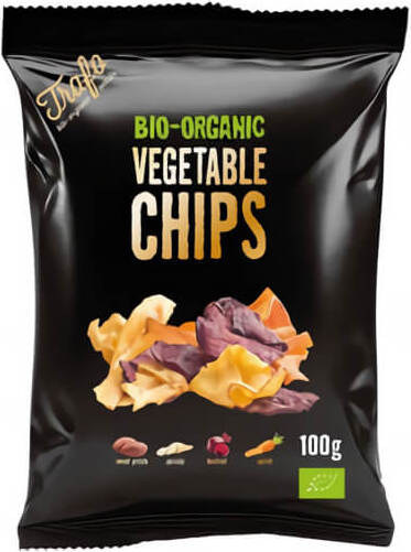 Gebratene Bio-Gemüsechips von TRAFO in 100 g Packung, knusprige und gesunde Snack-Option mit bunten Gemüsescheiben.