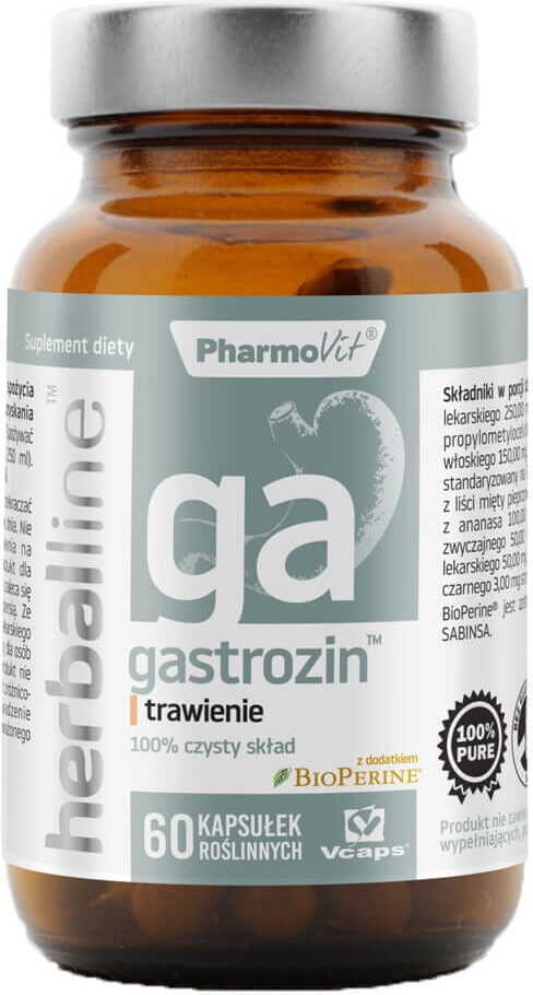 Gastrozin Kapseln mit Bioperine von PHARMOVIT, 60 vegane Kapseln, Nahrungsergänzung für die Verdauung, natürliche Inhaltsstoffe