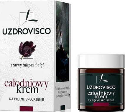 Anti-Falten-Augencreme von UZDROVISCO mit schwarzer Tulpe und Algen, 25 ml, für Tag und Nacht, sichtbare Textur in der Verpackung