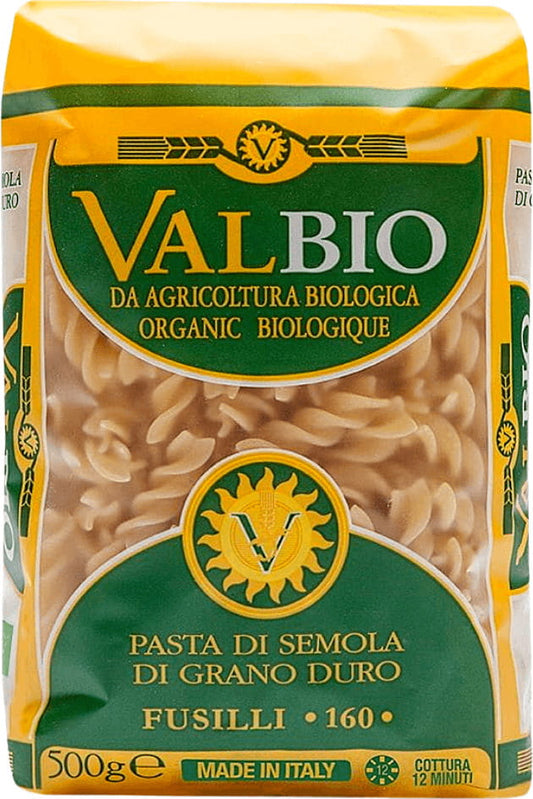 Bio Fusilli Nudeln aus Grieß, 500 g, von VALBIO, frisch und aromatisch, zeigt die spiralförmigen Pasta in einer Packung