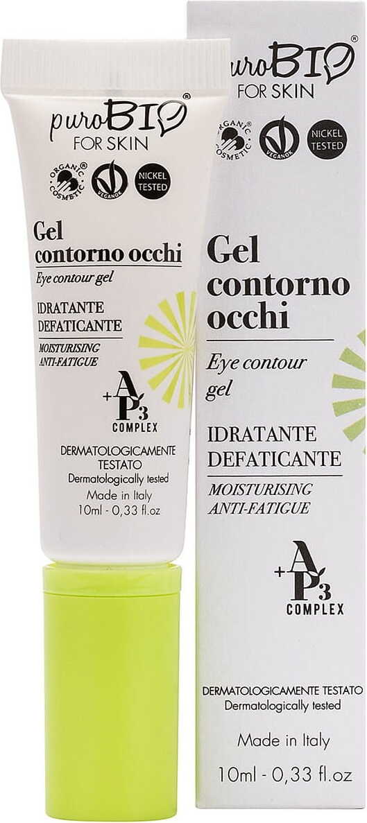 Feuchtigkeitsspendendes Augengel von PUROBIO, gegen Müdigkeit, 10 ml, zeigt das Produkt in einer eleganten Verpackung