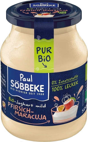 Cremiger Joghurt Pfirsich - Maracuja (38% Fett in Milch) BIO 500 g (Glas) - SOBBEKE