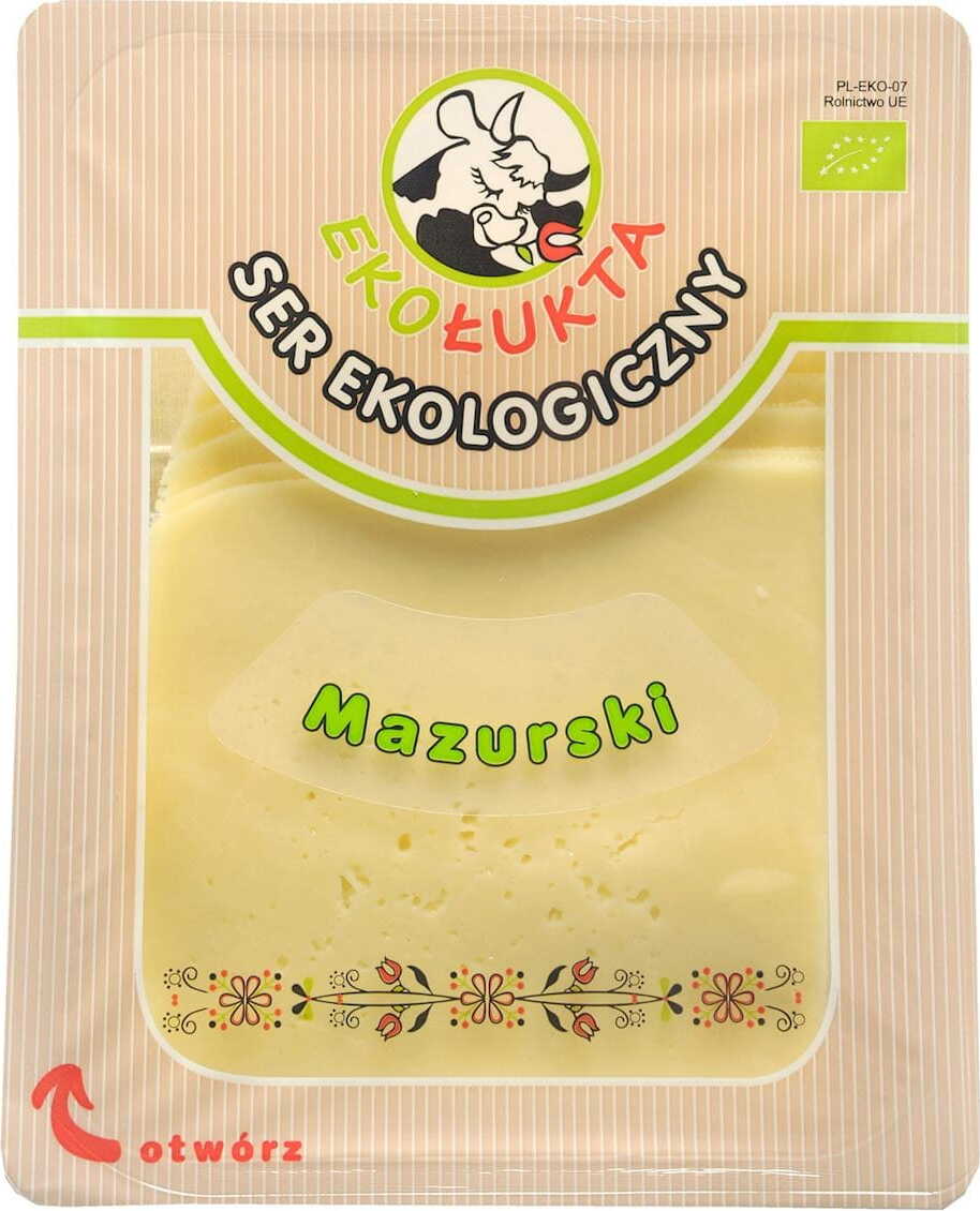 Scheibe Masurischer Labkäse BIO von EKO ŁUKTA auf weißem Hintergrund, frisch und cremig, 125 g Packung.