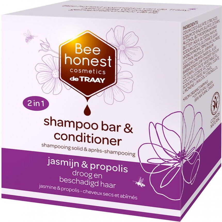 Shampoo und Conditioner 2in1 für trockenes, geschädigtes Haar von BEE HONEST mit Jasmin und Propolis, in 80 g Öko-Riegel