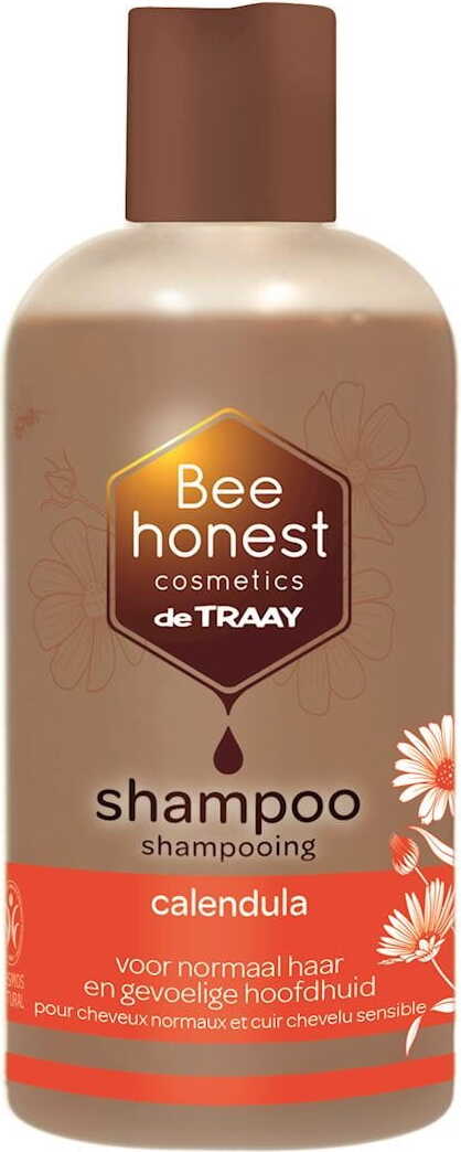 Eco-shampoo für normales Haar und empfindliche Kopfhaut von BEE HONEST, mit Calendula, 250 ml flasche, auf weißem Hintergrund