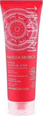 Natura Siberica Peeling und Erneuerung Duschgel, 200 ml, mit natürlichen Inhaltsstoffen, in einer weißen Flasche.