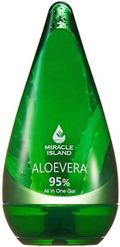 Aloe Körperpflegegel von MIRACLE ISLAND, 250 ml Flasche, cremige Textur, reich an Aloe Vera, auf weißem Hintergrund.