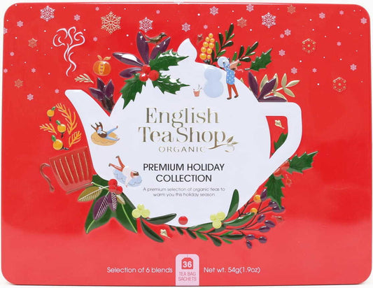 Hochwertiges Weihnachts-Teeset von ENGLISH TEA SHOP in dekorativer roter Dose, BIO, 44 g, mit verschiedenen Teesorten.