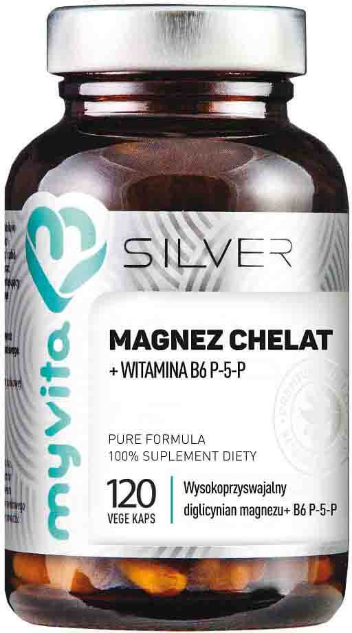 Magnesiumchelat Magnesiumbisglycinat + Vitamin B6 P - 5 - P 120 Kapseln MYVITA SILVER PURE Huvudsaklig produktbild