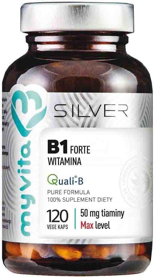 Vitamin B1 Thiamin 50 mg in 120 pflanzlichen Kapseln von MYVITA SILVER PURE, zeigt die Verpackung und Kapseln.