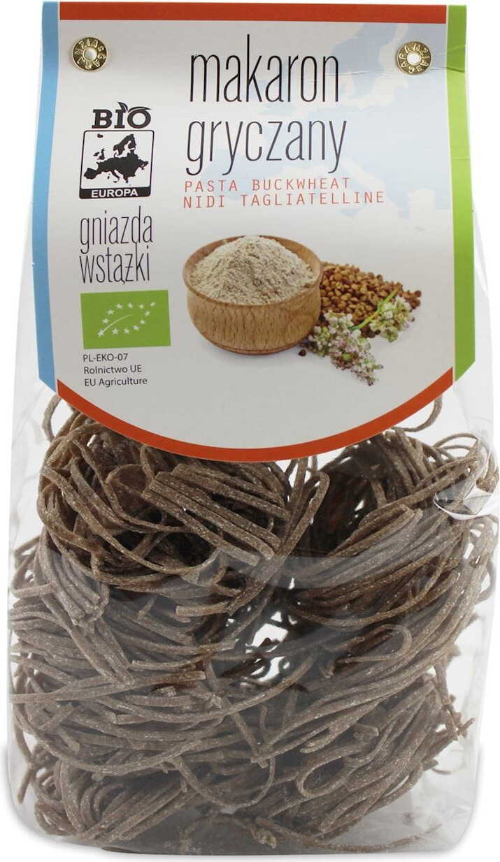 Bio Buchweizennudeln, Bandnester, 250 g, von BIO EUROPA, hergestellt von BIO KONTYNENTY, sichtbare Nudelbandnester in der Packung