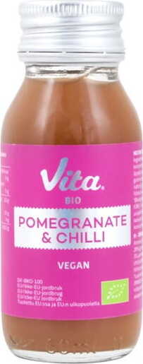 Bio Granatapfel-Chili Shot von VITA, 60 ml, zeigt eine Flasche mit rotem Frucht- und Chili-Infusion, ideal für gesunden Genuss
