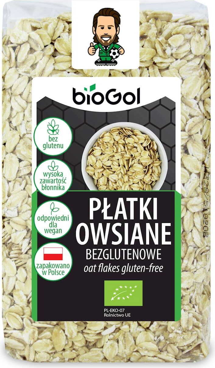 Glutenfreie BIO Haferflocken von BIOGOL in 300 g Packung, haferfarbene Körner in einer offenen Schachtel.