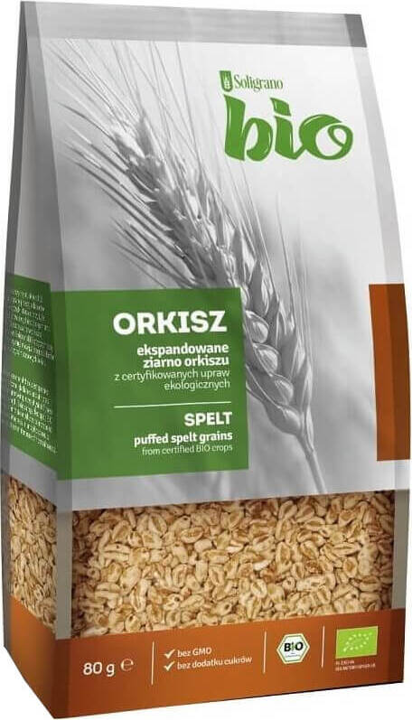 Bio Dinkel expandiert von SOLIGRANO in 80 g Packung, getrocknetes, luftgeknuspertes Getreideprodukt, ideal für Müsli und Snacks