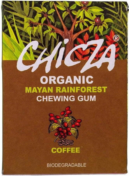 Biologisch abbaubarer Kaugummi mit BIO-Kaffeegeschmack, CHICZA, 30 g, natürliche Verpackung und Kaugummi in der Hand gehalten
