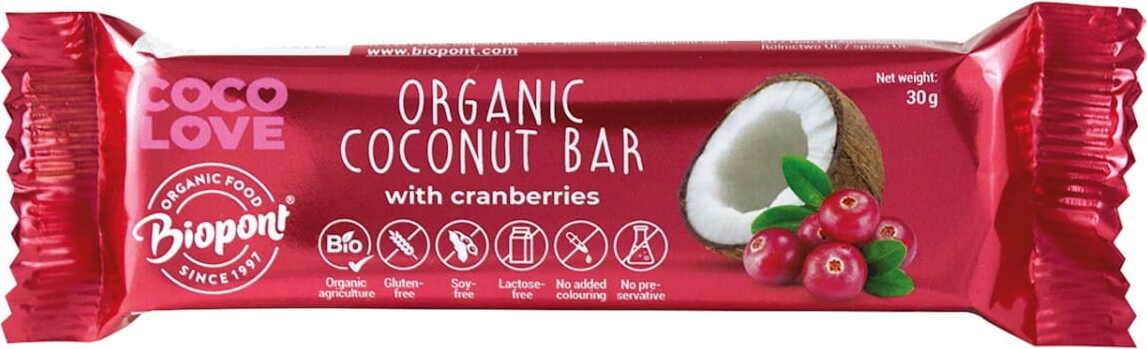 Bio Kokosriegel mit Cranberry, glutenfrei und 30 g, von BIOPONT, sichtbarer Riegel mit Kokos und Cranberry-Stückchen.