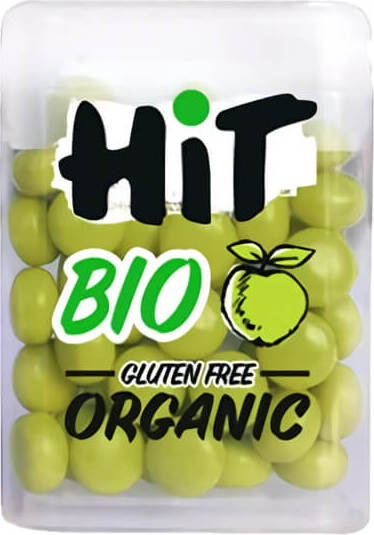 Bunte glutenfreie Bio-Dragees mit Apfelgeschmack in 15 g Packung, NATU - HIT, auf weißem Hintergrund.
