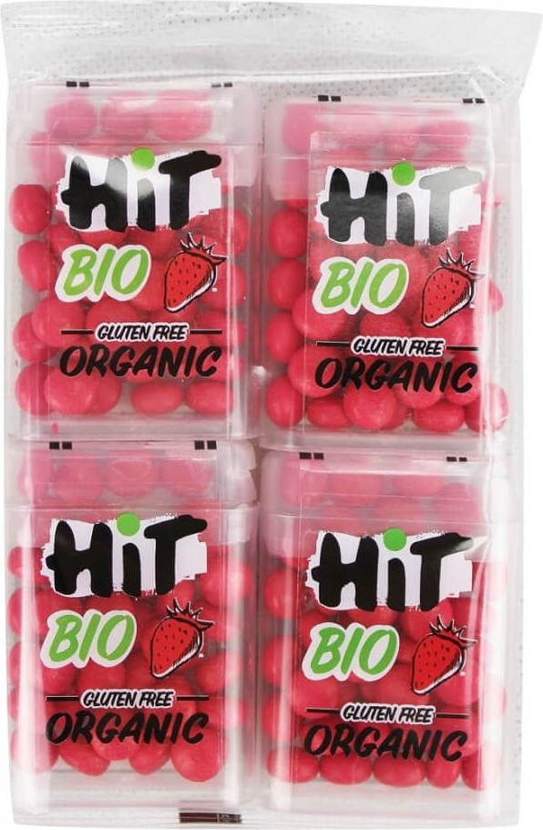 Glutenfreie Bio-Erdbeergeschmack Dragees von NATU - HIT, 4 x 15 g, süße Fruchtbonbons in einer Packung.