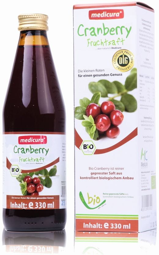 Bio-Cranberrysaft von MEDICURA in 330 ml Flasche, zeigt die dunkle, rubinrote Flüssigkeit in einer transparenten Flasche.