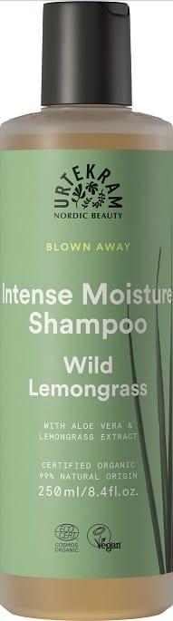 Feuchtigkeitsspendendes Shampoo mit wildem Zitronengras von URTEKRAM, 250 ml, flüssige Textur in einer weißen Flasche