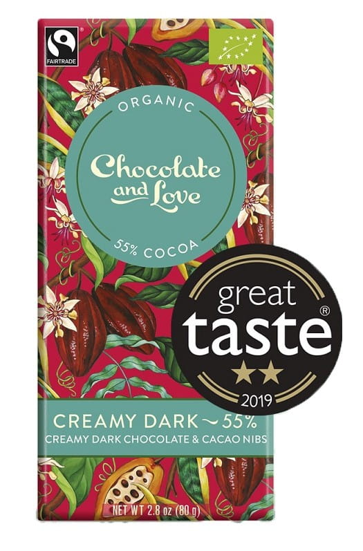 Schweizer Zartbitterschokolade von Chocolate and Love mit Kakaobohnen, fair gehandelt, Bio, 80 g, sichtbare Schokoladentafel mit Kakaostücken