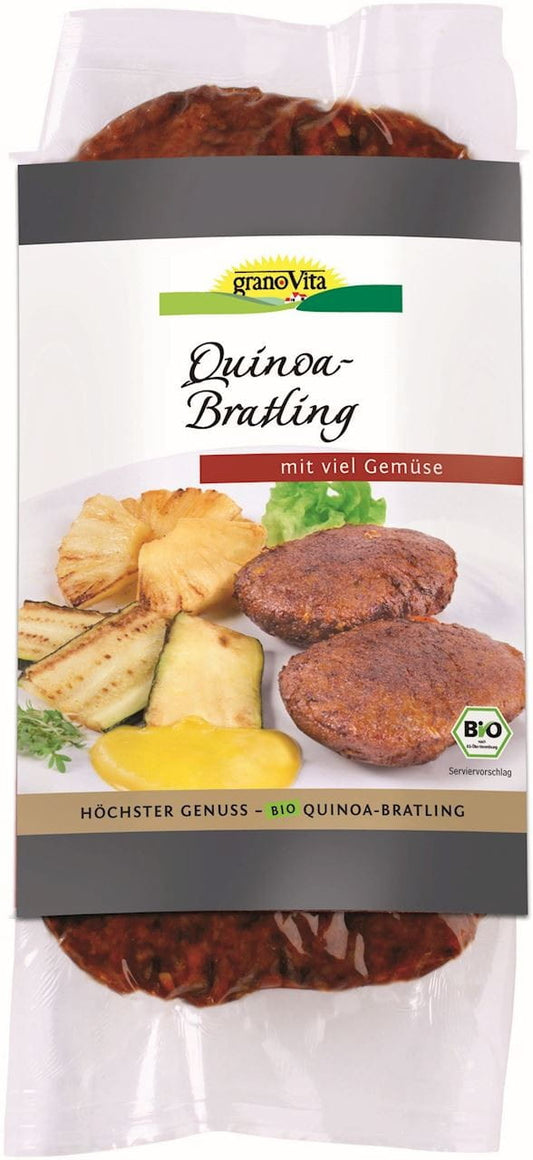 BIO-Quinoa-Burger von GRANOVITA, zwei 100g Packungen, zeigt die saftigen Quinoa-Burger auf einem Teller.