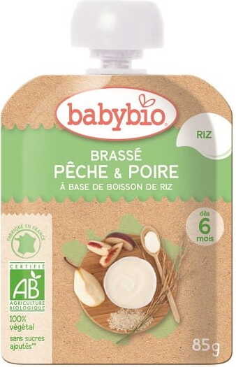 Bio-Fruchtdessert mit Reisdrink für Babys ab 6 Monaten, 85 g, von BABYBIO, zeigt das fertige Fruchtdessert in Schale
