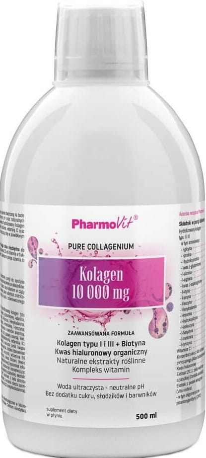 Kollagen Typ I und III, Hyaluronsäure und Biotin in 500 ml Flasche von PHARMOVIT, für Haut und Gelenke.