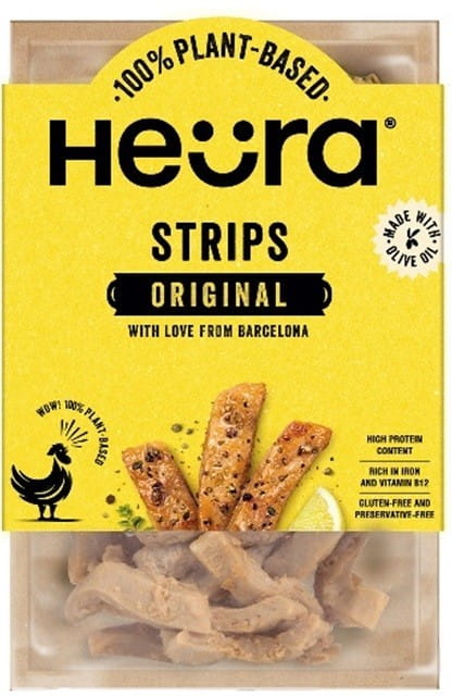 Vegane Hähnchenstücke von HEURA, 160 g, in einer transparenten Verpackung, sichtbar auf einem weißen Hintergrund.