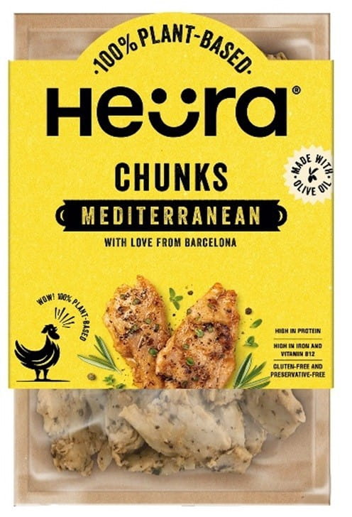 Veganes mediterranes Huhn von HEURA, 160 g, zeigt die pflanzliche Fleischalternative mit mediterranen Kräutern und Gewürzen.