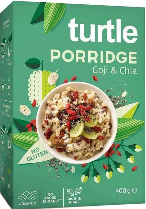Glutenfreier Superfood-Brei BIO von TURTLE, 400 g, mit bunten Früchten und Samen, in einer offenen Schüssel.