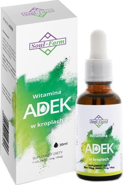Vitamin ADEK Tropfen von SOUL FARM in 30 ml Flasche, enthält Vitamine A, D, E und K, sichtbar in der Flasche