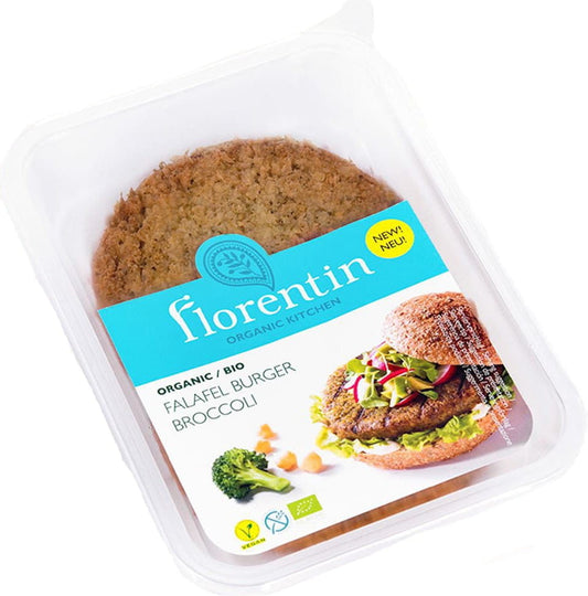 Bio Falafelburger mit Brokkoli von FLORENTIN, gegrillt, auf weißem Teller, frisch und knackig, 180 g Packung