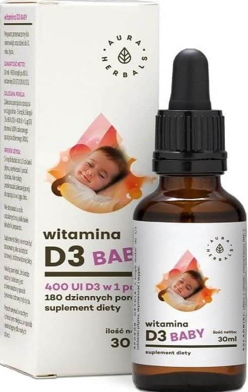 Vitamin D3 Babytropfen von AURA HERBALS in 30ml Flasche, flüssige Vitamin D3 Tropfen für Babys, klare Verpackung, kindgerechtes Design