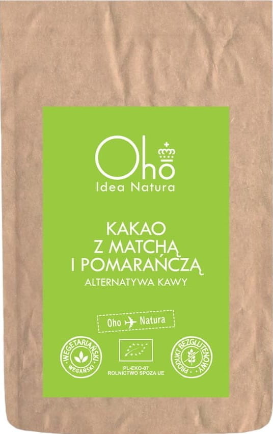 Bio Kakao mit Matcha und Orange, glutenfrei, 100 g, von OHO BAMBUCZI, zeigt die Verpackung mit Kakaobohnen, Matcha und Orangestück.