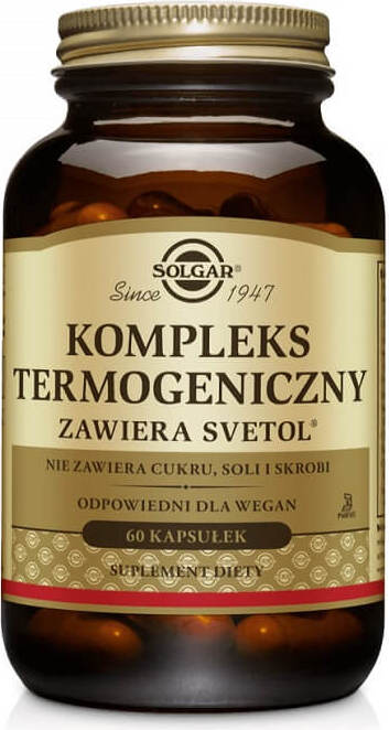 Thermogene Komplex mit Svetol in SOLGAR-Kapseln, Nahrungsergänzungsmittel, close-up der braunen Kapseln in der Packung