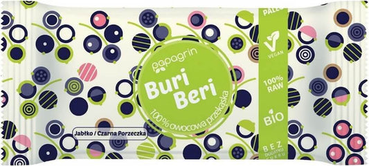 Schwarze Johannisbeere Apfelsnack von PAPAGRIN, glutenfrei, biologisch, 10 g, nahe Ansicht der frischen, getrockneten Beeren.