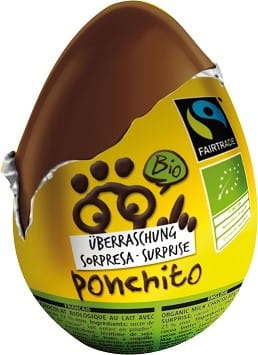 Bio Eier-Überraschungsschokolade von PONCHITO, fair gehandelt, glutenfrei, 20 g, mit bunten Schokoladenüberraschungen.