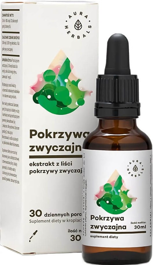 Brennnesselblätterextrakt in 30ml Tropfflasche von AURA HERBALS, 1000mg, mit grünen Brennnesselblättern auf weißem Hintergrund